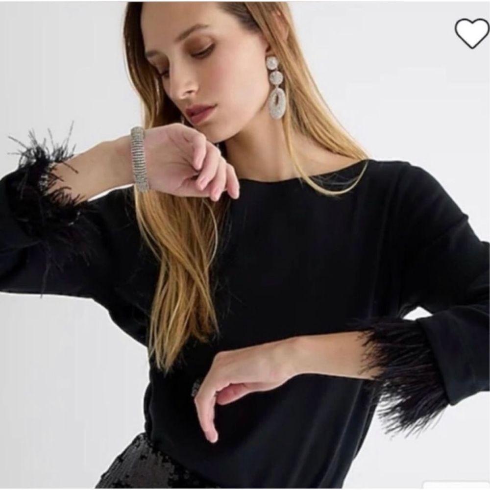 J Crew Black Feather Trim Long Sleeve Top L